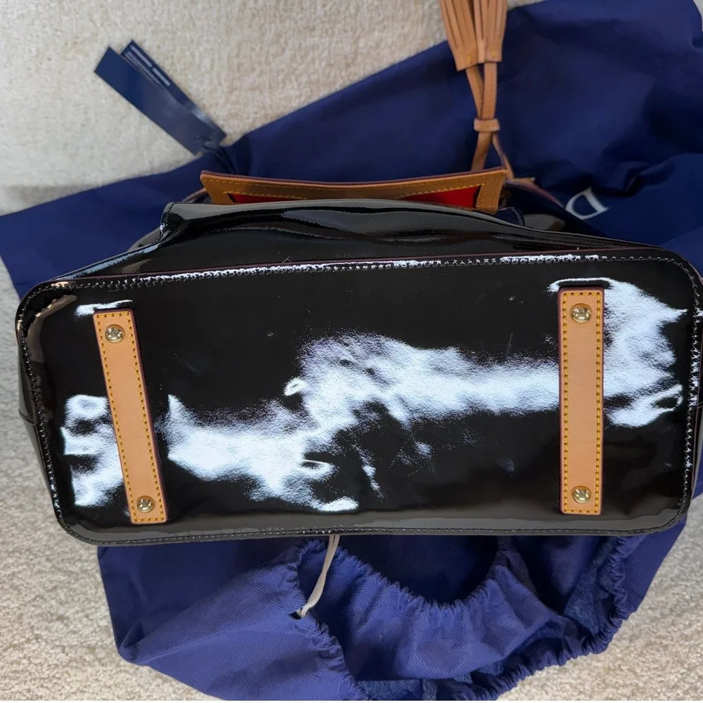 NWT Dooney‎ & Bourke Black Patent Leather Hobo Style Bag Tan Trim Gold Hardware